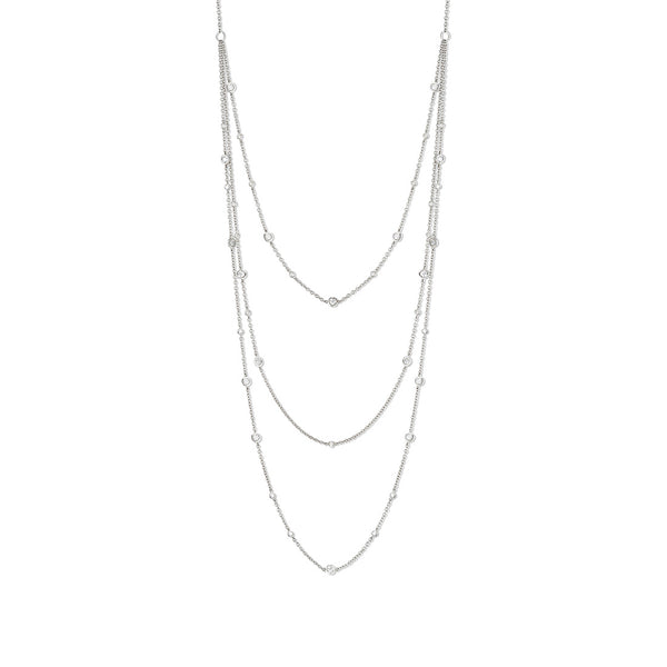 18ct White Gold Rub Set Round Brilliant Cut Diamond Three Strand Necklace