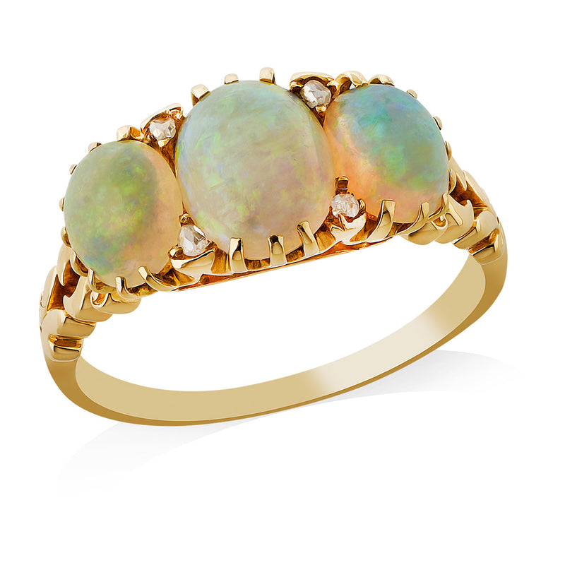 Antique Yellow Gold Three Stone Claw Set Cabochon Cut Opal and Rose Cut Diamond Ring