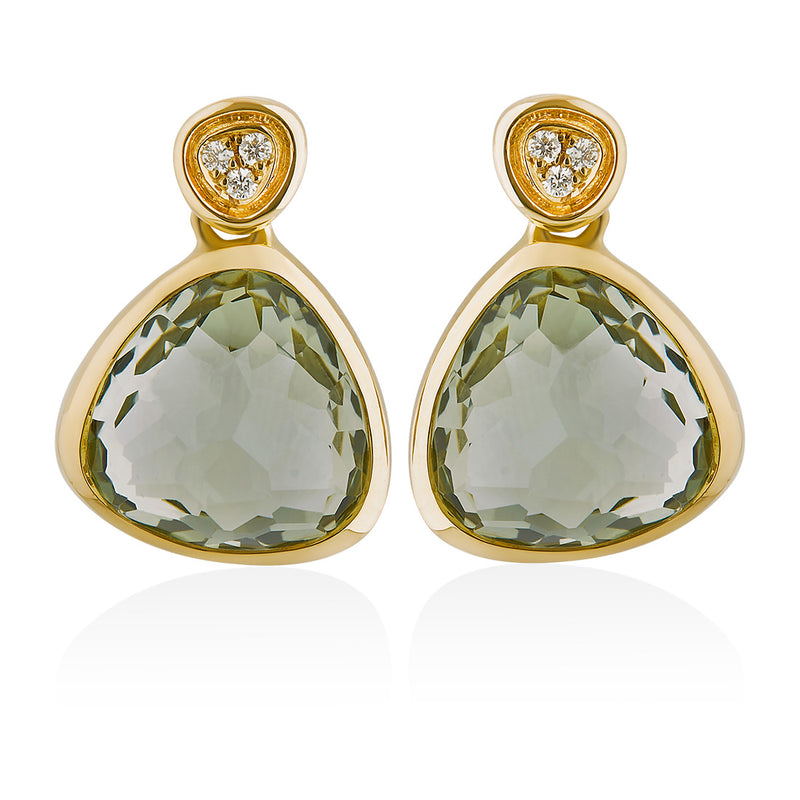 18ct Yellow Gold Rub Set Multi-Faceted Cut Green Amethyst and Round Brilliant Cut Diamond Drop Earrings