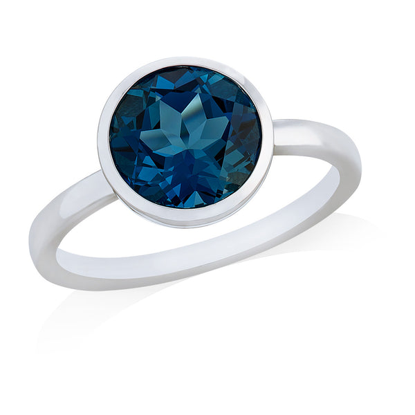 18ct White Gold Rub Set Round Cut London Blue Topaz Ring with Plain Shoulders
