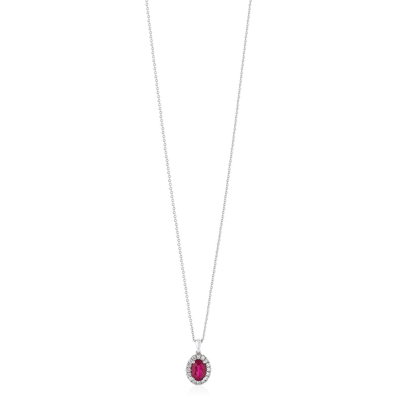 18ct White Gold Four Claw Set Oval Cut Ruby and Round Brilliant Cut Diamond Halo Cluster Pendant and Chain
