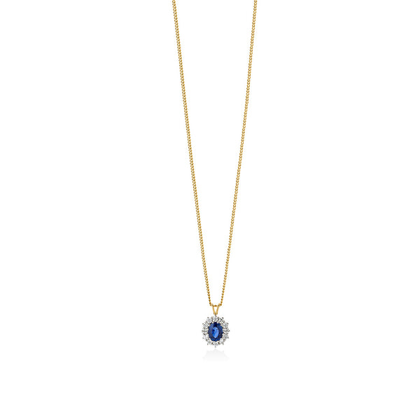 18ct White and Yellow Gold Twelve Claw Set Oval Cut Sapphire and Round Brilliant Cut Diamond Cluster Pendant and Chain