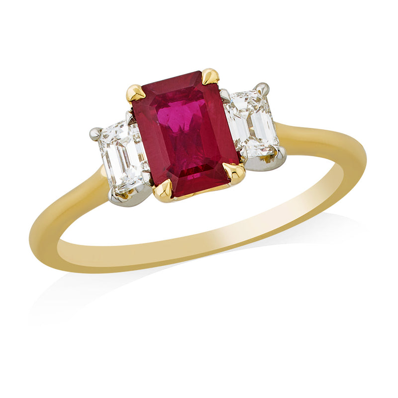 18ct Yellow Gold and Platinum Three Stone Four Claw Set Emerald Cut Ruby and Emerald Cut Diamond Ring