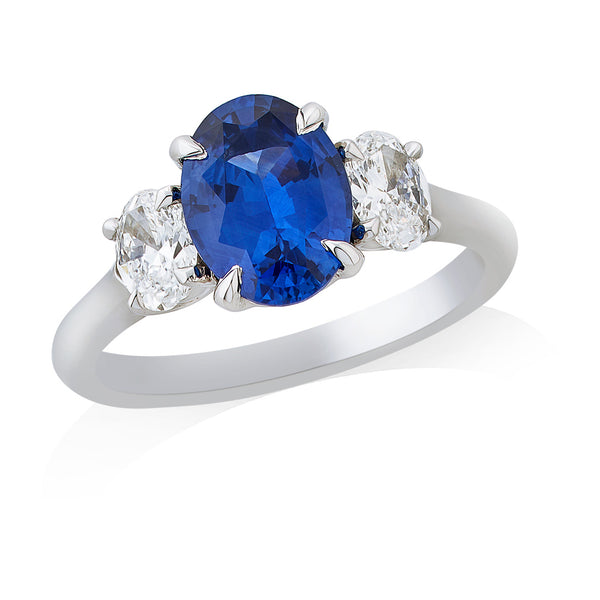 Platinum Three Stone Four Claw Set Oval Cut Sapphire and Oval Cut Diamond Ring with Plain Shoulders