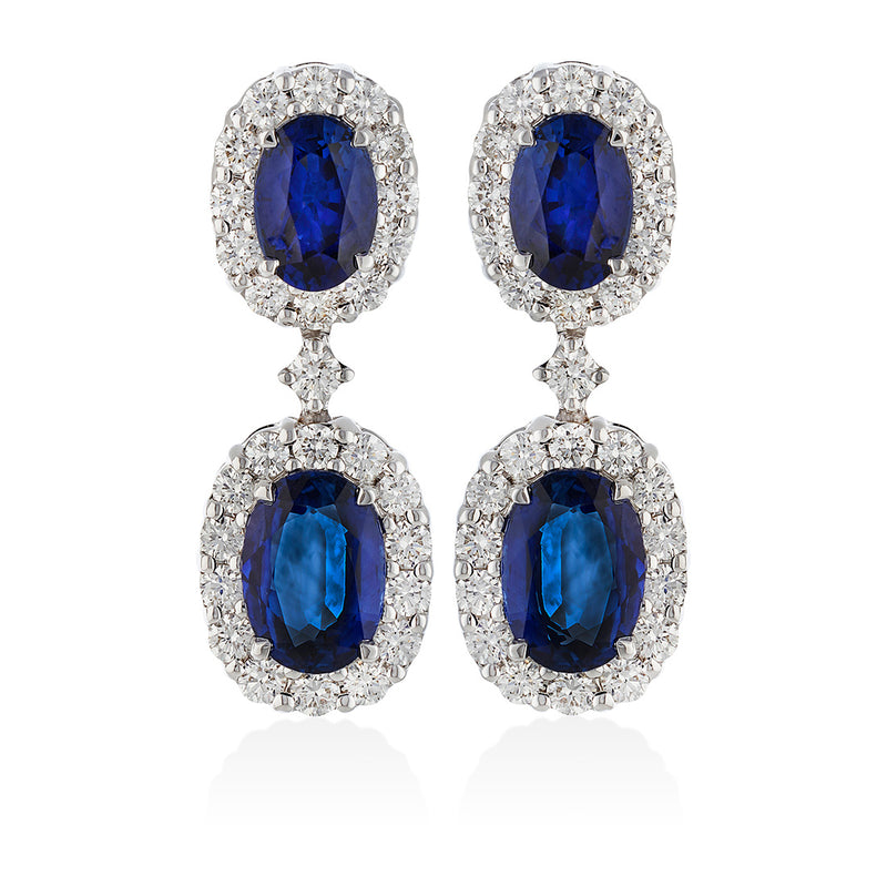 18ct White Gold Four Claw Set Oval Cut Sapphire and Round Brilliant Cut Diamond Cluster Drop Earrings