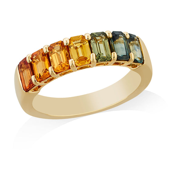 18ct Yellow Gold Four Claw Set Emerald Cut Rainbow Sapphire Half Eternity Ring