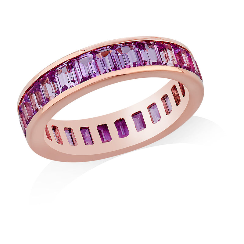 18ct Rose Gold Channel Set Emerald Cut Pink Sapphire Full Eternity Ring