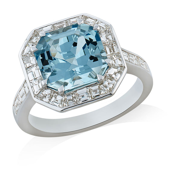 18ct White Gold Eight Claw Set Asscher Cut Aquamarine and Modified Emerald Cut Diamond Halo Cluster Ring