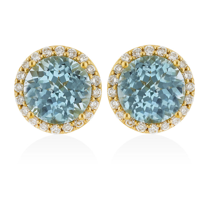 18ct Yellow Gold Four Claw Set Round Cut Blue Topaz and Round Brilliant Cut Diamond Halo Cluster Stud Earrings