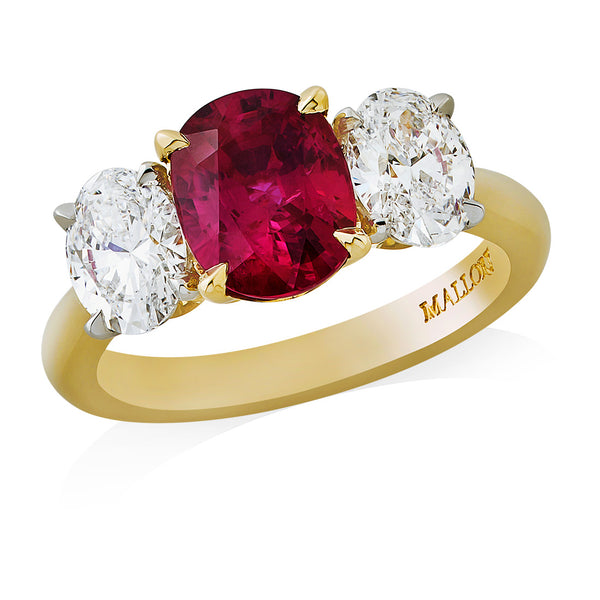 Mallory Victoria 18ct Yellow Gold and Platinum Three Stone Claw Set Oval Cut Ruby and Oval Cut Diamond Ring