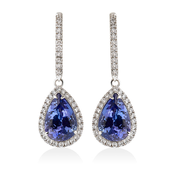 18ct White Gold Four Claw Set Pear Shaped Tanzanite and Diamond Halo Cluster Drop Earrings