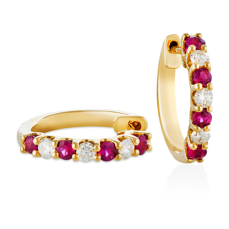 18ct Yellow Gold Four Claw Set Round Cut Ruby and Round Brilliant Cut Diamond Hoop Earrings