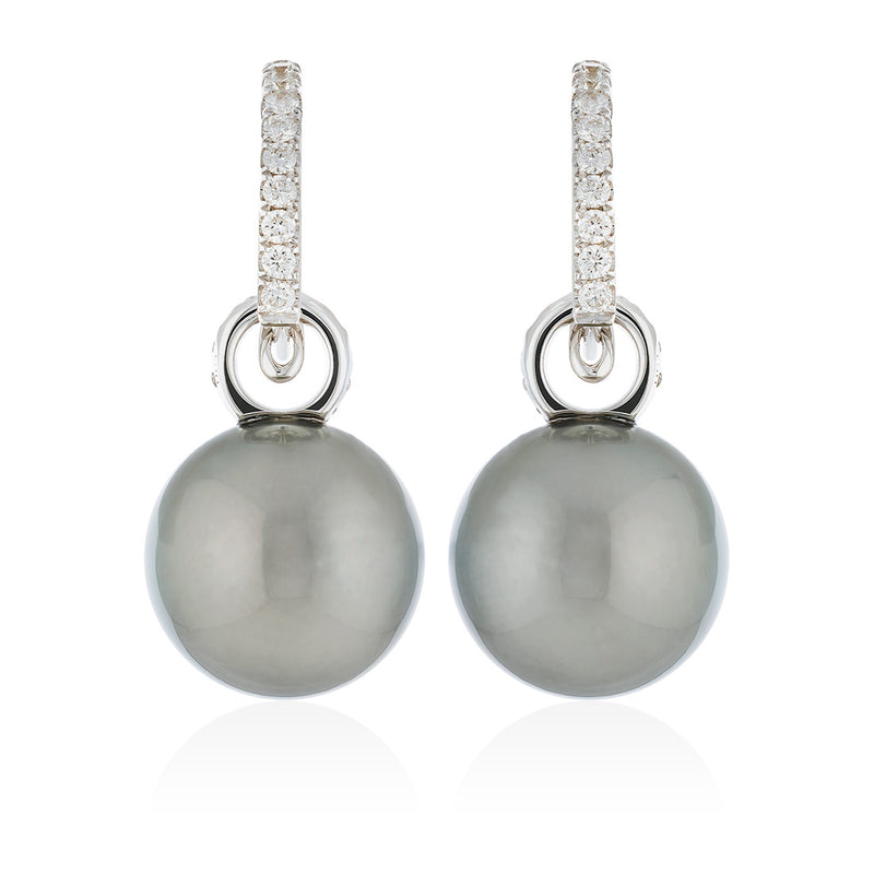 18ct White Gold Tahitian Cultured Pearl and Round Brilliant Cut Diamond Detachable Drop Earrings