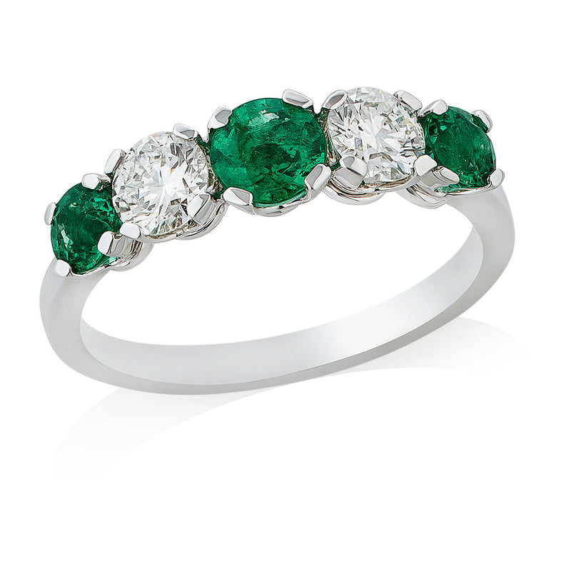 Platinum Five Stone Four Claw Set Round Cut Emerald and Round Brilliant Cut Diamond Ring with Plain Shoulders