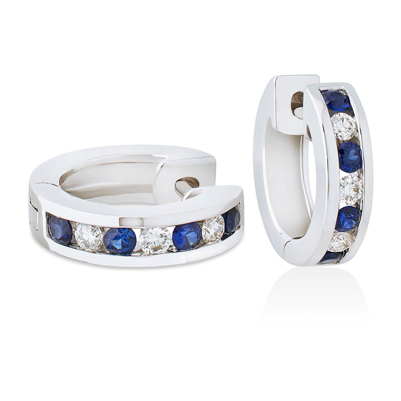 18ct White Gold Round Cut Sapphire and Round Brilliant Cut Diamond Hoop Earrings