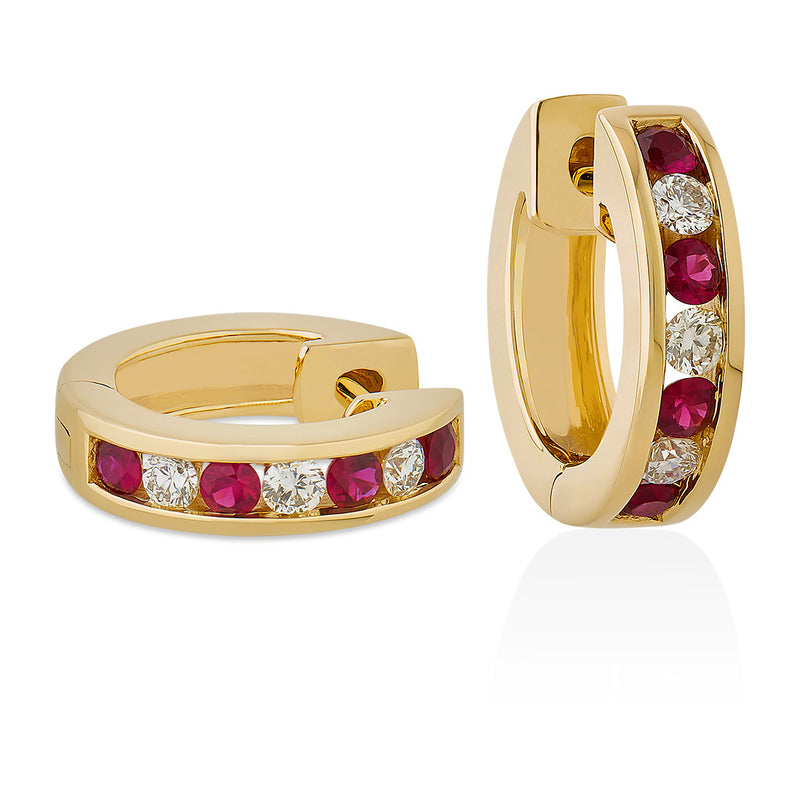 18ct Yellow Gold Round Cut Ruby and Round Brilliant Cut Diamond Hoop Earrings