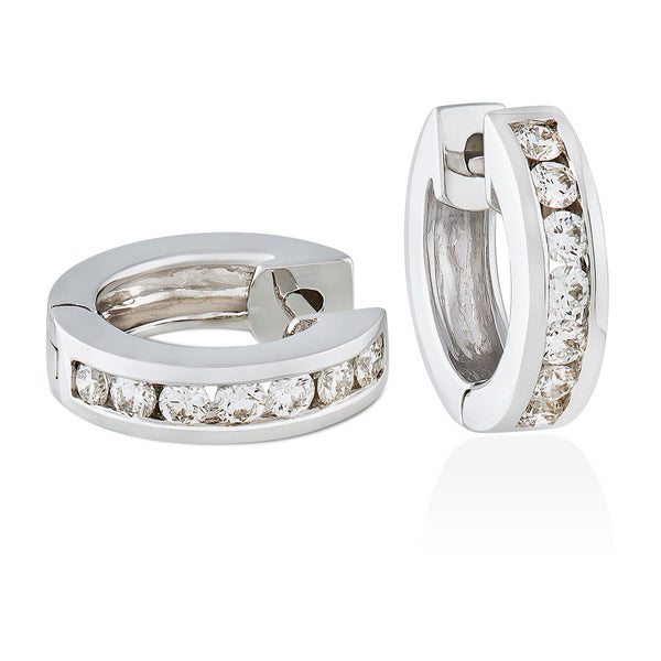 18ct White Gold Channel Set Round Brilliant Cut Diamond Hoop Earrings