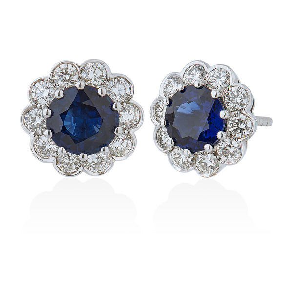 18ct White Gold Round Cut Sapphire and Round Brilliant Cut Diamond Cluster Stud Earrings