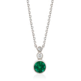 18ct White Gold Milgrain Edge Rub Set Round Cut Emerald and Round Brilliant Cut Diamond Drop Pendant and Chain