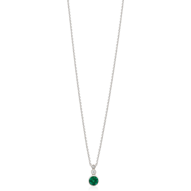 18ct White Gold Milgrain Edge Rub Set Round Cut Emerald and Round Brilliant Cut Diamond Drop Pendant and Chain