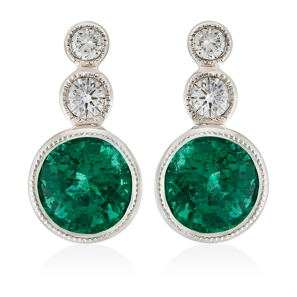 18ct White Gold Milgrain Edge Rub Set Round Cut Emerald and Round Brilliant Cut Diamond Earrings