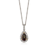 18ct White Gold Three Claw Set Pear Shaped Alexandrite and Round Brilliant Cut Diamond Halo Cluster Pendant and Chain