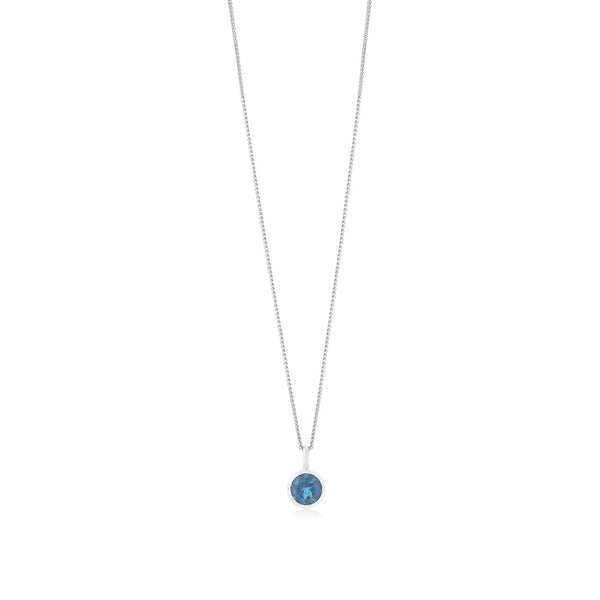 18ct White Gold Rub Set Round Brilliant Cut London Blue Topaz Pendant and Chain