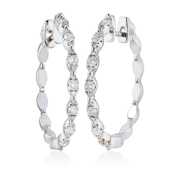 18ct White Gold Grain Set Round Brilliant Cut Diamond Hoop Earrings