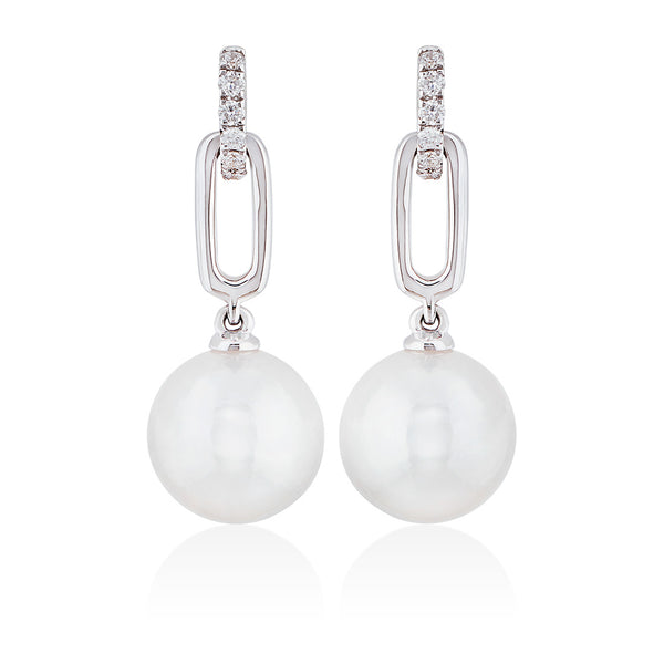 18ct White Gold Akoya Cultured Pearl and Round Brilliant Cut Diamond Drop Earrings