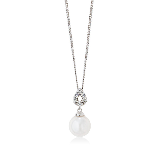 18ct White Gold Akoya Cultured Pearl and Diamond Pendant and Chain