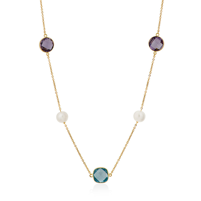 18ct Yellow Gold Akoya Cultured Pearl Blue Topaz, Citrine and Amethyst, and Green Topaz Chain Necklace