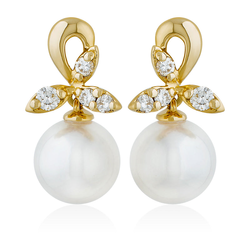 18ct Yellow Gold Akoya Cultured Pearl and Round Brilliant Cut Diamond Drop Earrings