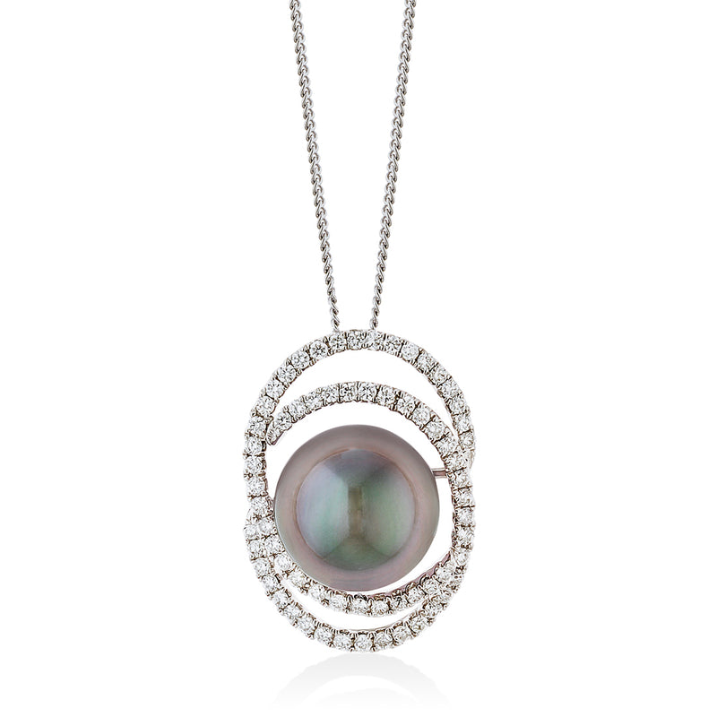 18ct White Gold Tahitian Cultured Pearl and Diamond Pendant and Chain
