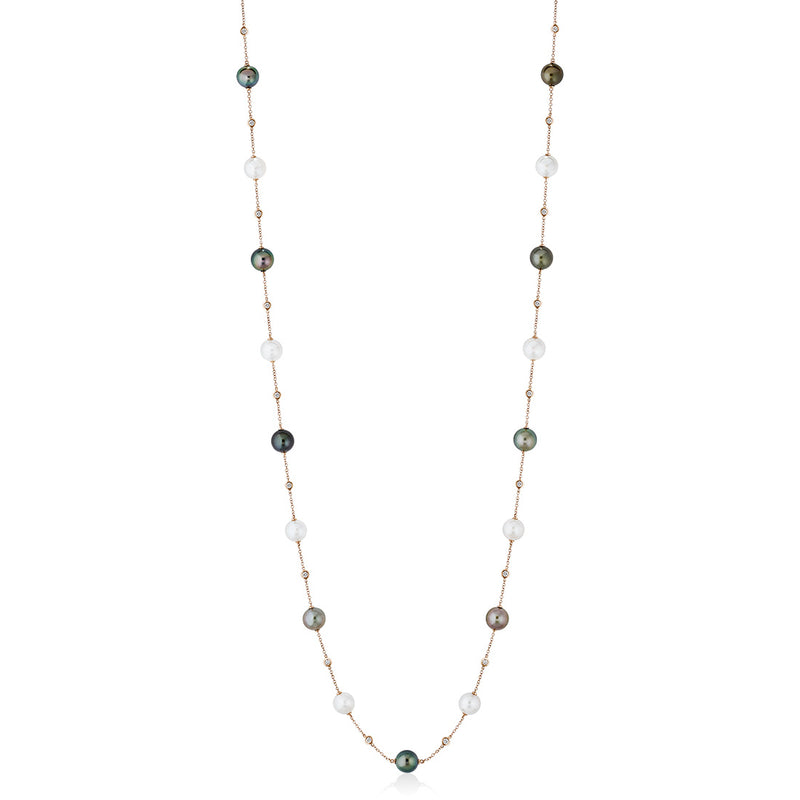 18ct Rose Gold Akoya Cultured Pearl Tahitian Cultured Pearl and Diamond Chain Necklace