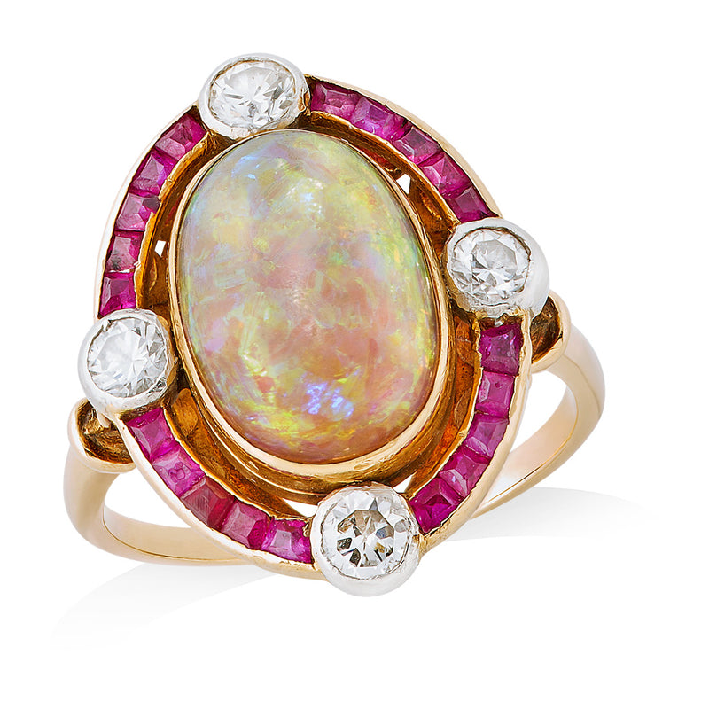 Antique French Yellow Gold and Platinum Cabochon Cut Opal and Calibre Cut Ruby Diamond Ring