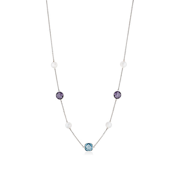 18ct White Gold Akoya Cultured Pearl Amethyst and Blue Topaz Chain Necklace