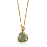 18ct Yellow Gold Rub Set Multi-Faceted Cut Green Amethyst and Round Brilliant Cut Diamond Pendant and Chain