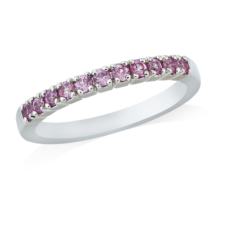 Platinum Four Claw Set Round Cut Pink Sapphire Half Eternity Ring