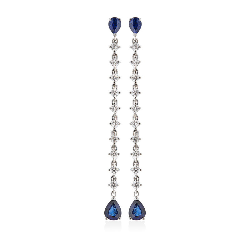 18ct White Gold Three Claw Set Pear Shaped Sapphire and Round Brilliant Cut Diamond Drop Earrings