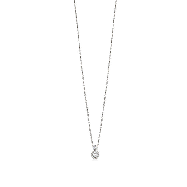 18ct White Gold Rub Set Round Brilliant Cut Diamond and Round Brilliant Cut and Diamond Halo Cluster Pendant and Chain