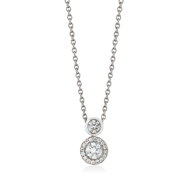 18ct White Gold Rub Set Round Brilliant Cut Diamond and Round Brilliant Cut and Diamond Halo Cluster Pendant and Chain