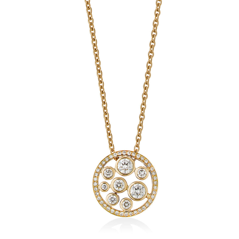 18ct Yellow Gold Rub Set Round Cut Diamond and Round Brilliant Cut Cluster Pendant and Chain