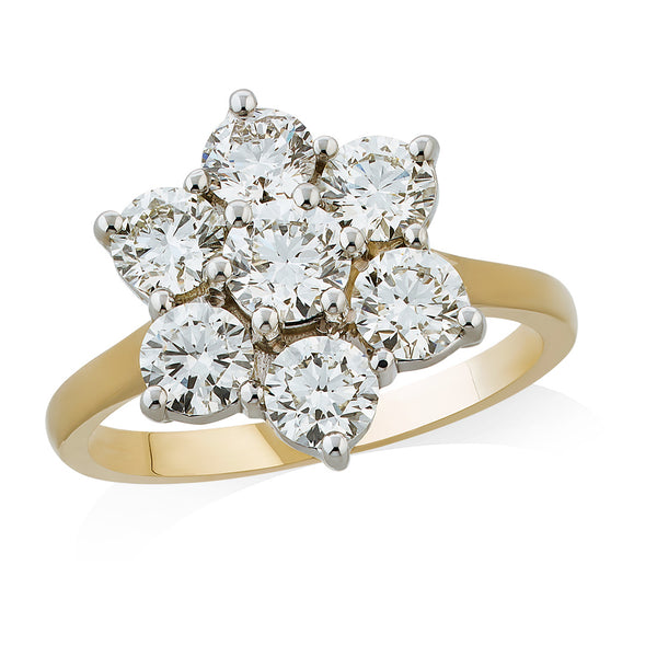 18ct Yellow and White Gold Six Claw Set Round Brilliant Cut Diamond Floral Cluster Seven Stone Ring