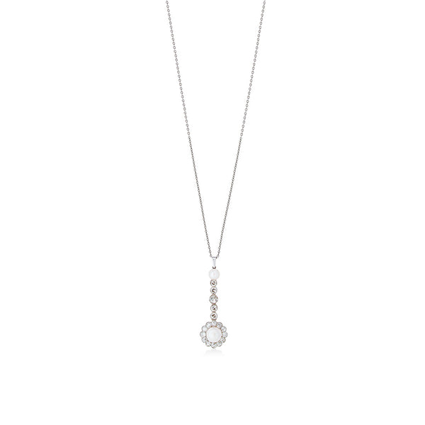 Antique Art Deco 14ct White Gold Cultured Pearl and Old Cut Diamond Drop Pendant and Chain