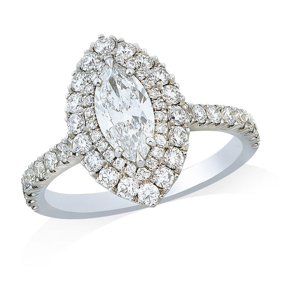 Platinum Marquise Cut Diamond and Round Brilliant Cut and Diamond Double Halo Cluster Ring