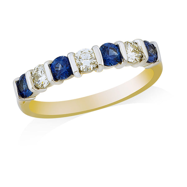 18ct Yellow and White Gold Bar Set Round Cut Sapphire and Round Brilliant Cut Diamond Half Eternity Ring