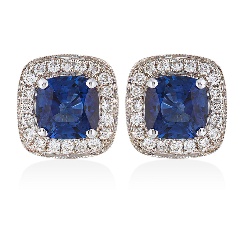 18ct White Gold Cushion Cut Sapphire and Round Brilliant Cut Diamond Halo Cluster Stud Earrings