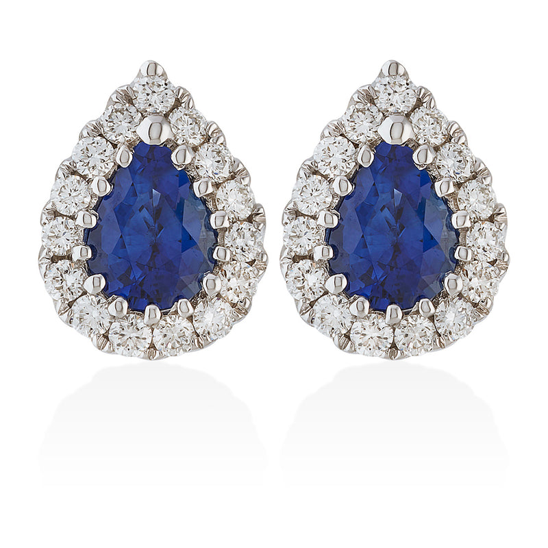 18ct White Gold Pear Shaped Sapphire and Round Brilliant Cut Diamond Halo Cluster Stud Earrings