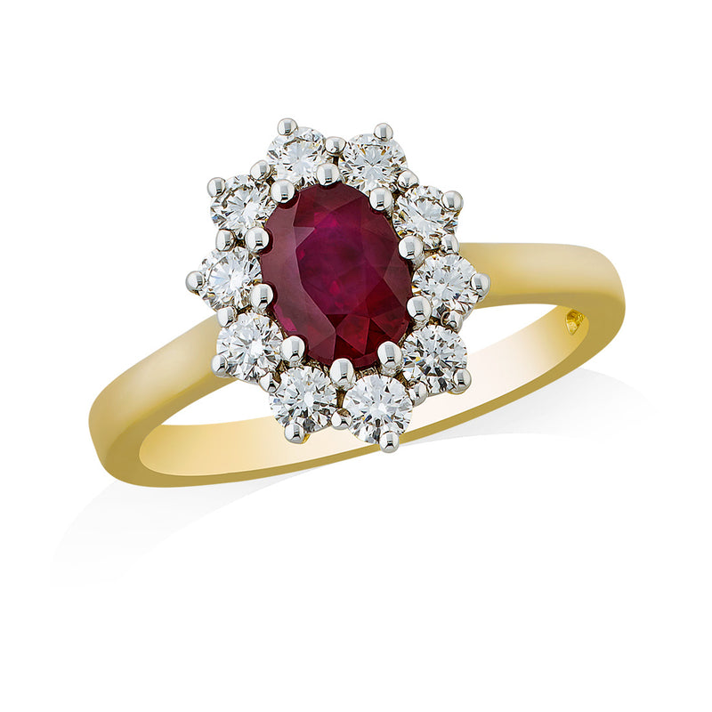 18ct Yellow and White Gold Ten Claw Set Oval Cut Ruby and Diamond Cluster Ring