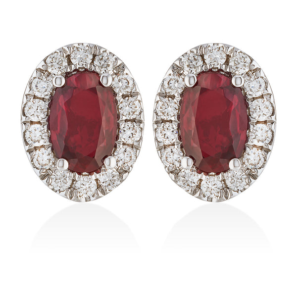 18ct White Gold Oval Cut Ruby and Round Brilliant Cut Diamond Halo Cluster Stud Earrings